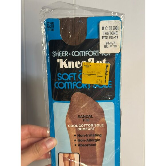 VTG Sheer Comfort Hosiery Tan Sandal Toe Knee Highs One Size 8½–11 New Old Stock - Picture 4 of 4